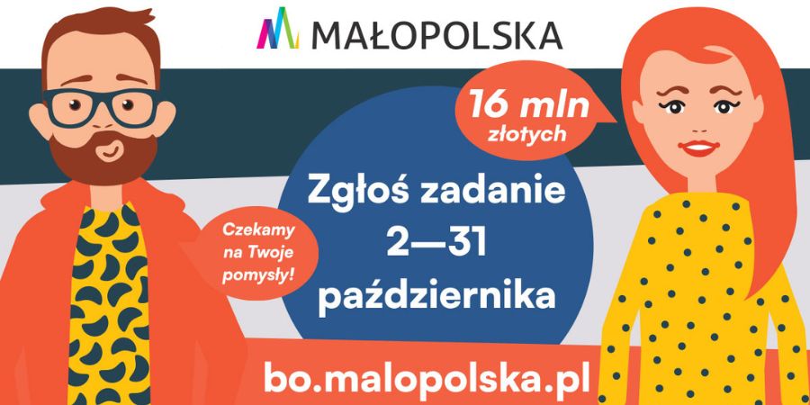 Pomiędzy kobietą, a mężczyzną w okularach napis "Zgłoś zadanie 2-31 października". pod spodem adres strony www bo.malopolska.pl, u góry logo województwa Małopolskiego