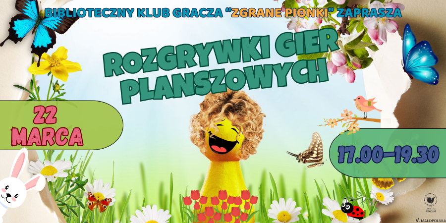 Baner zapraszający na rozgrywki gier planszowych w PBW w Krakowie w dniu 22 marca 2024 roku od godziny 17.00 do 19.30.