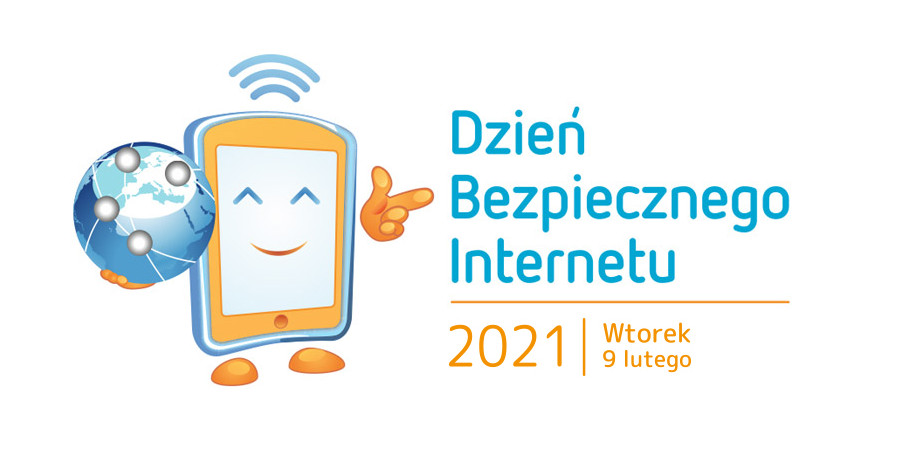 Na białym tle oficjalna grafika Dnia Bezpiecznego Internetu w kolorach niebieskim i pomarańczowym