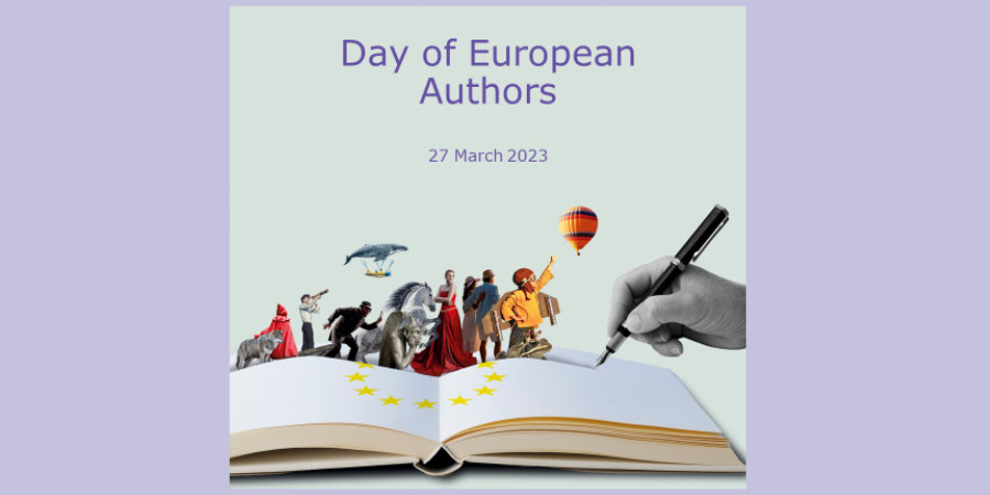 Na jasnofioletowym tle plakat Dnia Autorów Europejskich, przedstawiający otwartą książkę oraz postacie literackie