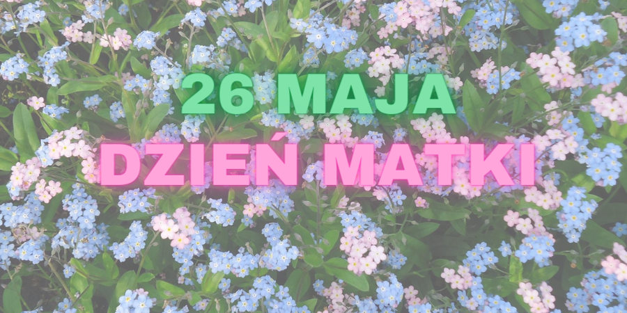 Na tle niebieskich i różowych niezapominajek napis "26 maja Dzień Matki"