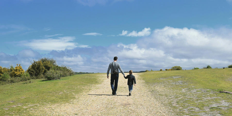 Mężczyzna trzyma za rękę dziecko. Idą ścieżką, po bokach trawa i krzaki. Przed nimi błękitne niebo. Idą zwróceni plecami do obiektywu