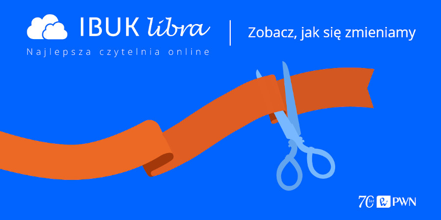 Oficjalny baner Platformy IBUK Libra w kolorach niebieskim, pomarańczowym i białym z okazji 70-lecia Księgarni PWN