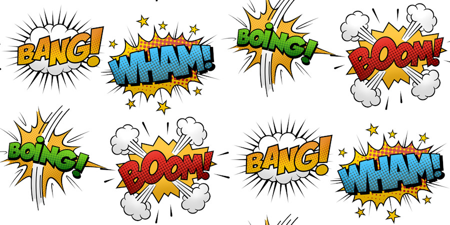 Osiem komiksowych kolorowych dymków: Bang!, Wham!, Boing!, Boom!