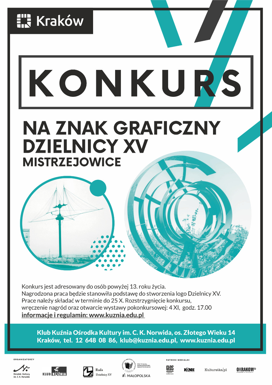 Fragment oficjalnego plakatu promującego konkurs w barwach seledynowo-czarnych na białym tle.