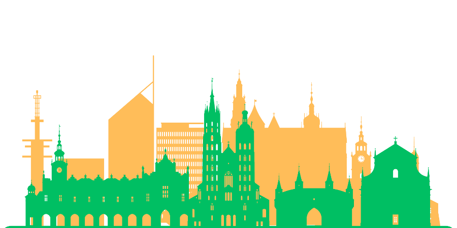 Zabytki Krakowa w kolorach pomarańczowym i zielonym