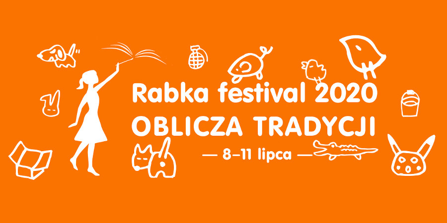 Na pomarańczowym tle napis Rabka Festival 2020 "Oblicza tradycji" 8-11 lipca