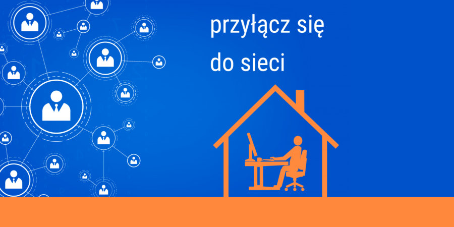 Ilustracja promująca ofertę MCDN. Na niebieskim tle biały napis "Przyłącz się do sieci", po lewej symbole komunikacji online, po prawej pomarańczowa ikonka pracy zdalnej.