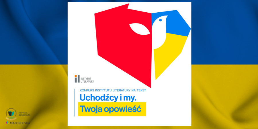Logo konkursu "Uchodźcy i my. Twoja opowieść" na tle flagi Ukrainy.
