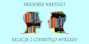 Na jasno pomarańczowym tle u góry napis Akademia wartości, pod nim, na środku obrys dwóch zwróconych do siebie głów wypełnionych kolorowymi książkami, na dole napis Relacja z trzeciego wykładu