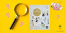 Na żółtym tle okładka książki "Zagadki detektywistyczne", po lewej stronie lupa i różowe pytajniki. Z prawej strony okładki grafika zastanawiającego się mózgu z oczami i z rękami, poniżej logotyp PBW w Krakowie.