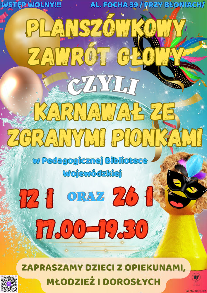 Plakat zapraszający na rozgrywki gier planszowych w PBW w Krakowie w dniach 12 i 26 stycznia 2024 roku od godziny 17.00 do 19.30.