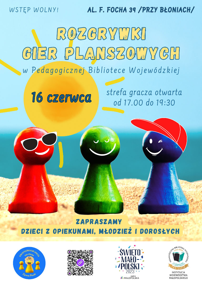 Plakat zapraszający na rozgrywki gier planszowych w PBW w Krakowie w dniu 16 czerwca 2023 roku (piątek) od godziny 17.00 do 19.30