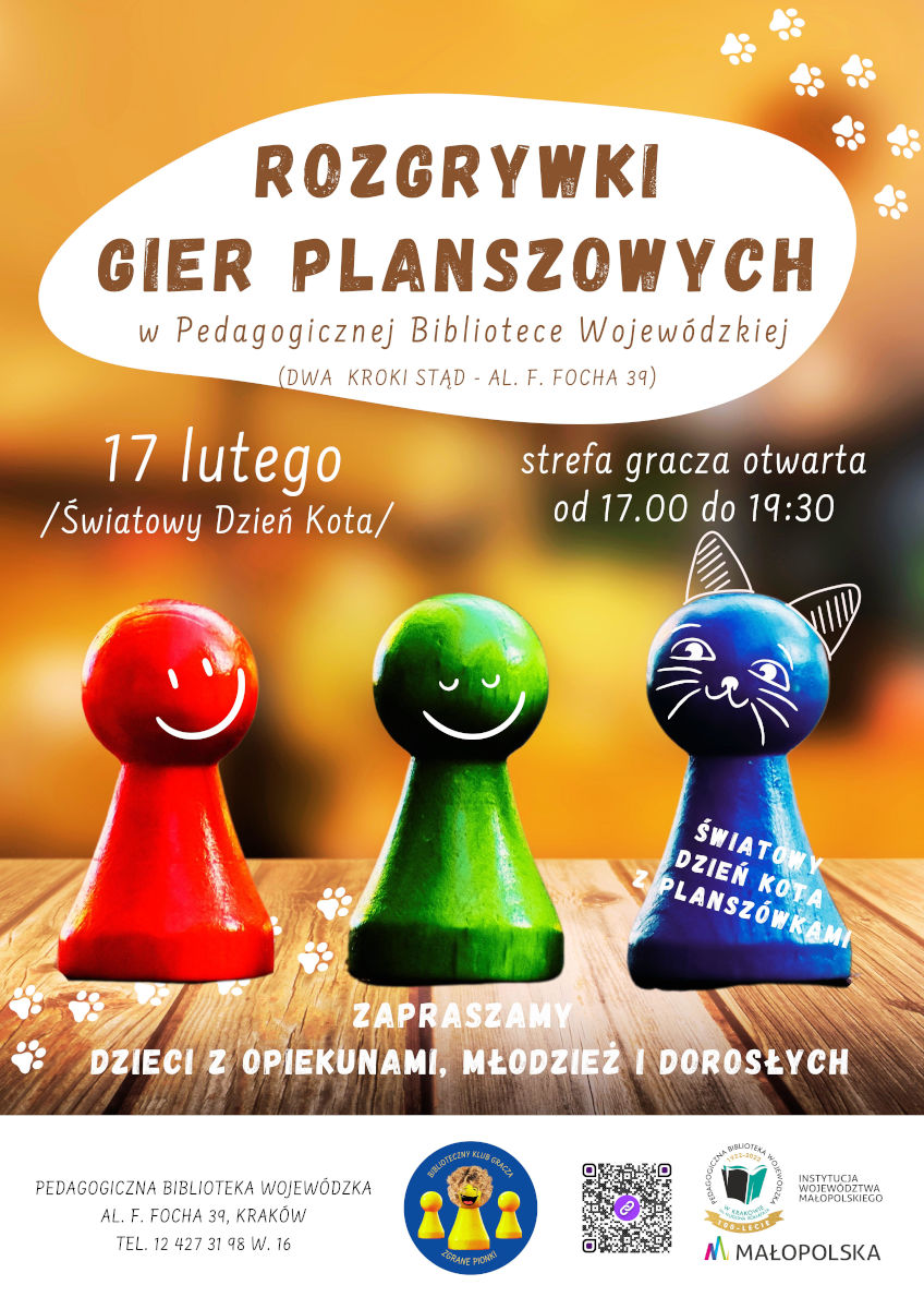 Plakat zapraszający na rozgrywki gier planszowych w PBW w Krakowie w dniu 17 lutego 2023 od godziny 17.00 do 19.30