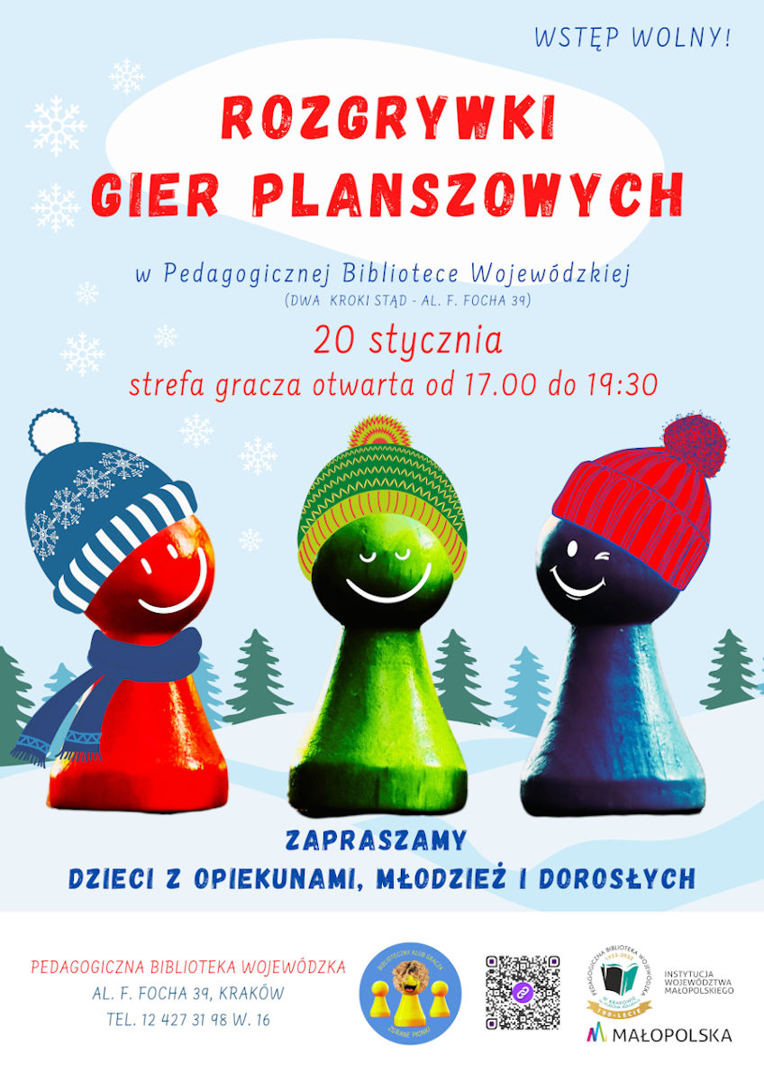 Plakat zapraszający na rozgrywki gier planszowych w PBW w Krakowie w dniu 20 stycznia 2023 od godziny 17.00 do 19.30