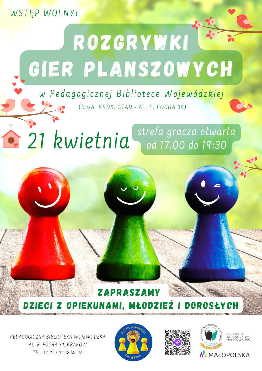 Plakat zapraszający na rozgrywki gier planszowych w PBW w Krakowie w dniu 21 kwietnia 2023 od godziny 17.00 do 19.30