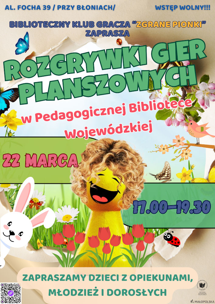 Plakat zapraszający na rozgrywki gier planszowych w PBW w Krakowie w dniu 22 marca 2024 roku od godziny 17.00 do 19.30.