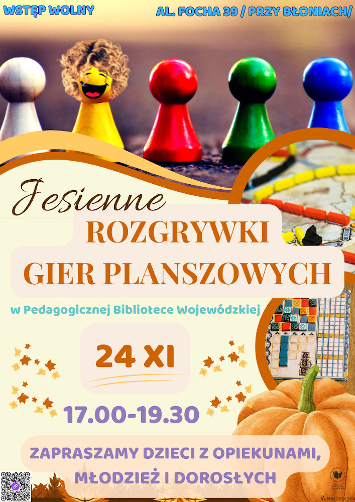Plakat zapraszający na rozgrywki gier planszowych w PBW w Krakowie w dniu 24 listopada 2023 roku (piątek) od godziny 17.00 do 19.30.