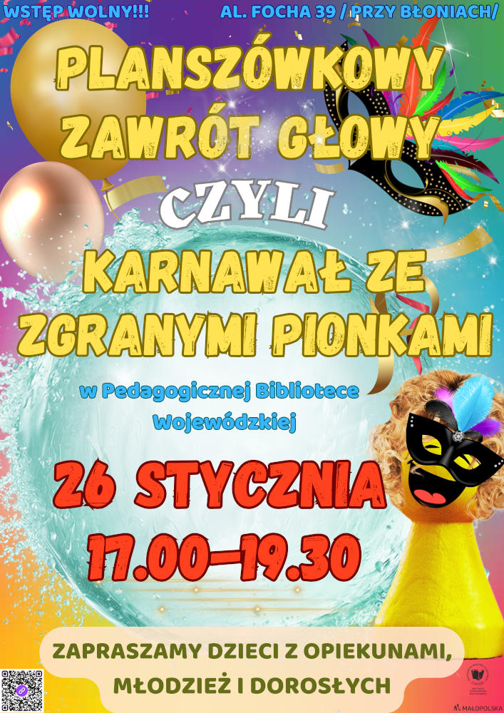 Plakat zapraszający na rozgrywki gier planszowych w PBW w Krakowie w dniach 26 stycznia 2024 roku od godziny 17.00 do 19.30.