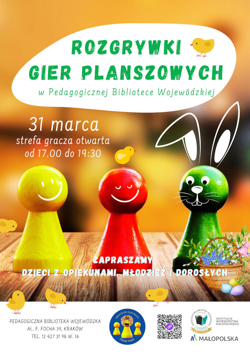 Plakat zapraszający na rozgrywki gier planszowych w PBW w Krakowie w dniu 31 marca 2023 od godziny 17.00 do 19.30