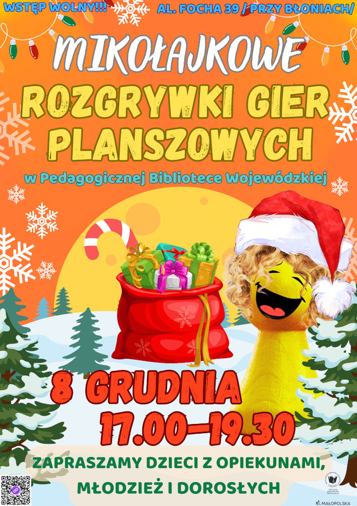 Plakat zapraszający na rozgrywki gier planszowych w PBW w Krakowie w dniu 8 grudnia 2023 roku (piątek) od godziny 17.00 do 19.30.