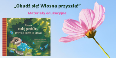Po lewej stronie na niebieskim tle okładka książki, po prawej stronie różowy kwiatek z zieloną łodygą.