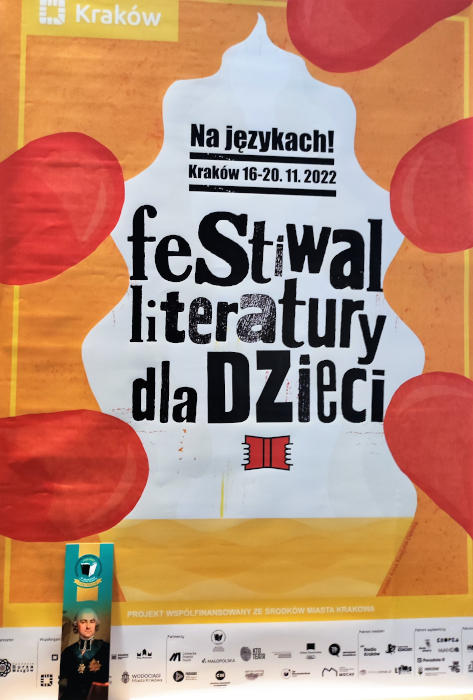 Plakat konferencji "O gustach się dyskutuje" w ramach Festiwalu Literatury dla Dzieci. U dołu zakładka biblioteczna z Hugonem Kołłątajem.