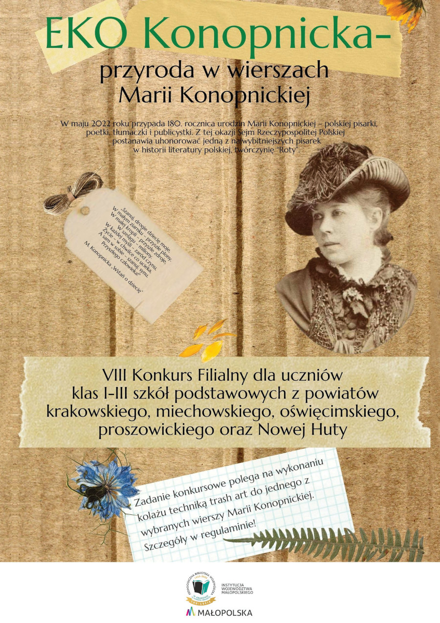 Plakat promujący konkurs EKO Konopnicka - przyroda w wierszach Marii Konopnickiej