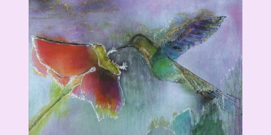Obraz Longiny Bujas przedstawiający ptaka kolibra przy kwiacie