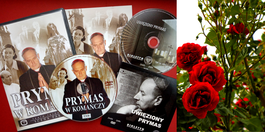Po lewej stronie na czerwonym tle zdjęcie płyt DVD z filmami o kard. Stefanie Wyszyńskim, po prawej stronie czerwone róże.