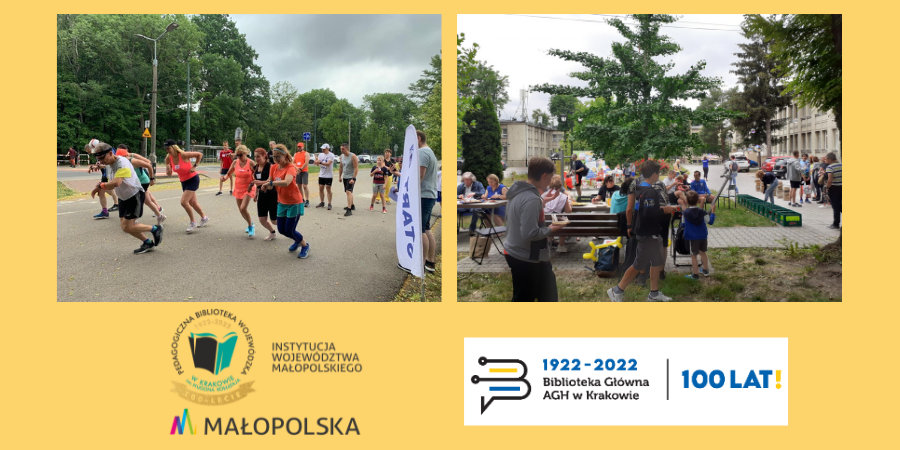 Na żółtym tle po lewej stronie - ludzie biegający w strojach sportowych, po prawej stronie - na dziedzińcu między budynkami uczestnicy pikniku siedzą przy stołach i rozmawiają. U dołu jubileuszowe logotypy PBW Kraków i BG AGH w Krakowie.
