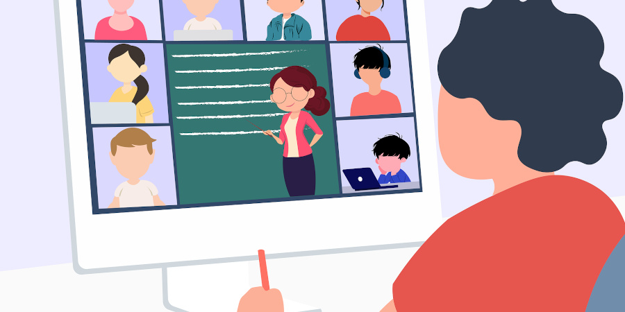 Grafika przedstawiająca ucznia biorącego udział w lekcji online