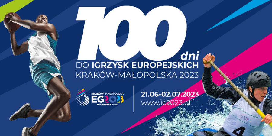 Na granatowym tle po lewej stronie skaczący koszykarz z piłką, po prawej stronie kajakarz spływający rzeką. Na środku napis 100 dni do Igrzysk Europejskich Kraków-Małopolska 2023 i logo Igrzysk wraz z datą. 