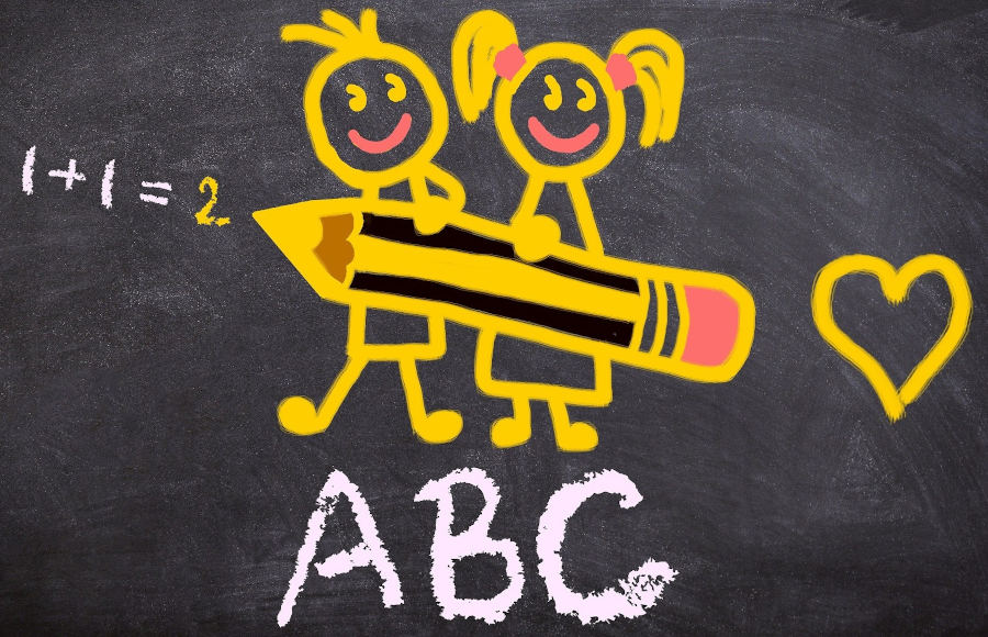 Graficzne postacie chłopca i dziewczynki trzymają ołówek. Obok wzór matematyczny, serce i napis ABC