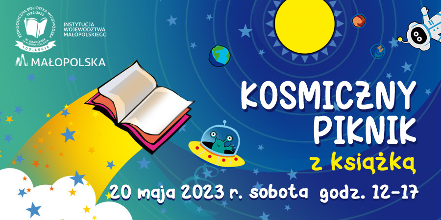 Napis: Kosmiczny piknik z książką. W tle kolorowy Układ Słoneczny, otwarta książka oraz astronauta.