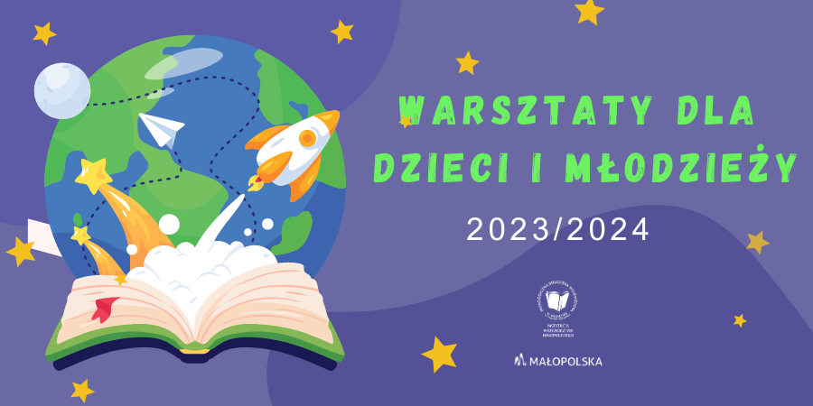 Na fioletowym tle po lewej stronie globus, poniżej którego umieszczona książka z wylatującymi rakietami. Po prawej stronie napis Warsztaty dla dzieci i młodzieży. 2023 / 2024 oraz logo Biblioteki.