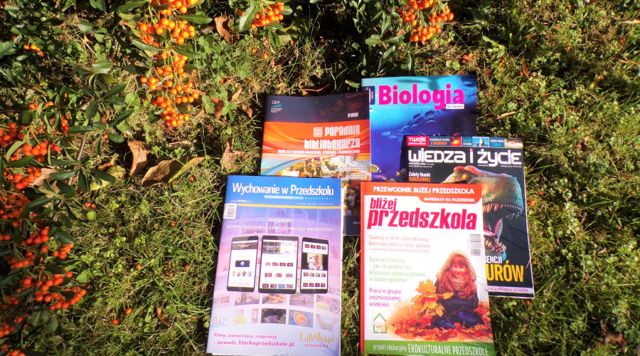 Na trawie wśród owoców jarzębiny 5 kolorowych okładek czasopism