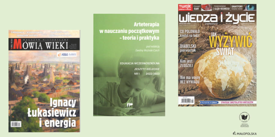 Na zielonym tle 3 kolorowe okładki czasopism