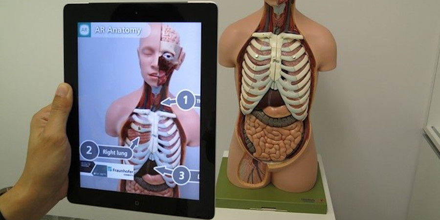 Tablet skierowany w stronę manekina człowieka z odkrytymi wnętrznościami. Obraz z edinteractive z Pixabay