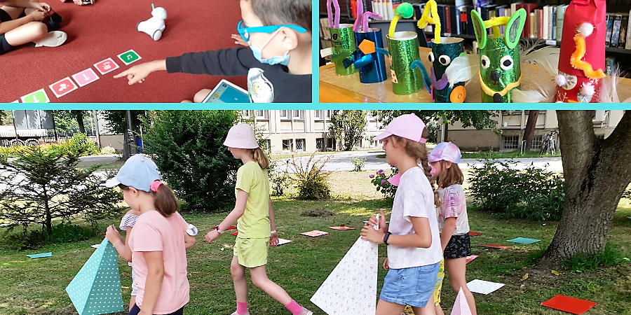 Kolaż trzech zdjęć przedstawiających dzieci biorące udział w wakacyjnych grach i zabawach przed gmachem biblioteki