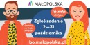 Pomiędzy kobietą a mężczyzną w okularach napis "Zgłoś zadanie 2-31 października". pod spodem adres strony www bo.malopolska.pl, u góry logo województwa Małopolskiego.