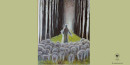 Na jasnozielonym tle obraz Józefy Kazior przedstawiający motyw religijny Pasterza wśród owiec.