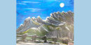 Na niebieskim tle obraz przedstawiający szczyty gór i księżyc nocną porą