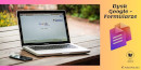 Na cieniowanym różowo-żółtym tle zdjęcie leżącego na stole laptopa z otwartą przeglądarką Google oraz smartfona. Po prawej stronie napis: "Dysk Google - Formularze", poniżej dwie żółto-różowe kartki formularza i logo PBW