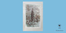 Na niebieskim tle akwarela przedstawiająca iglasty las w zimowej odsłonie