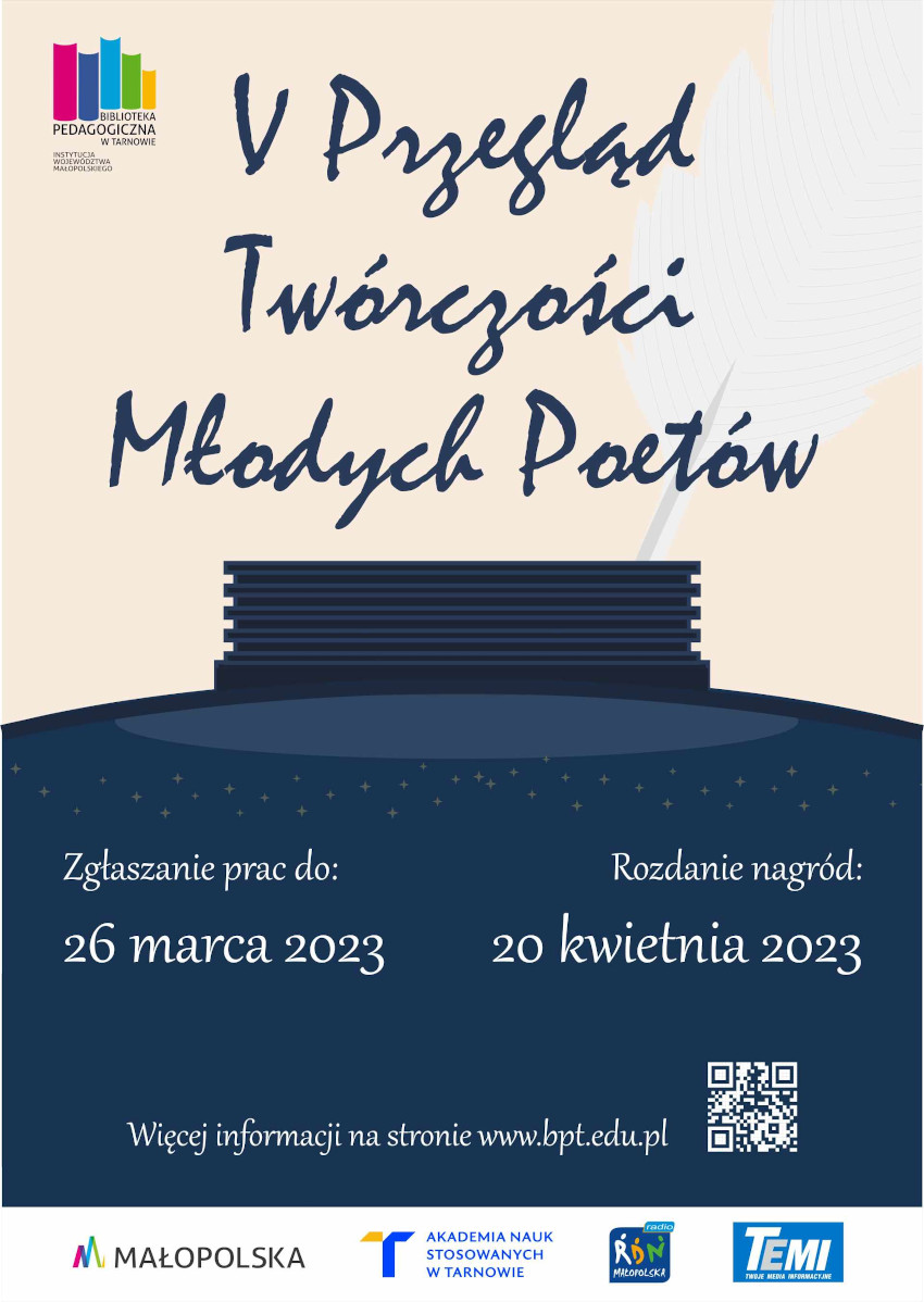 Oficjalny plakat Piątego Przeglądu Twórczości Młodych Poetów. U góry logotyp Biblioteki Pedagogicznej w Tarnowie.