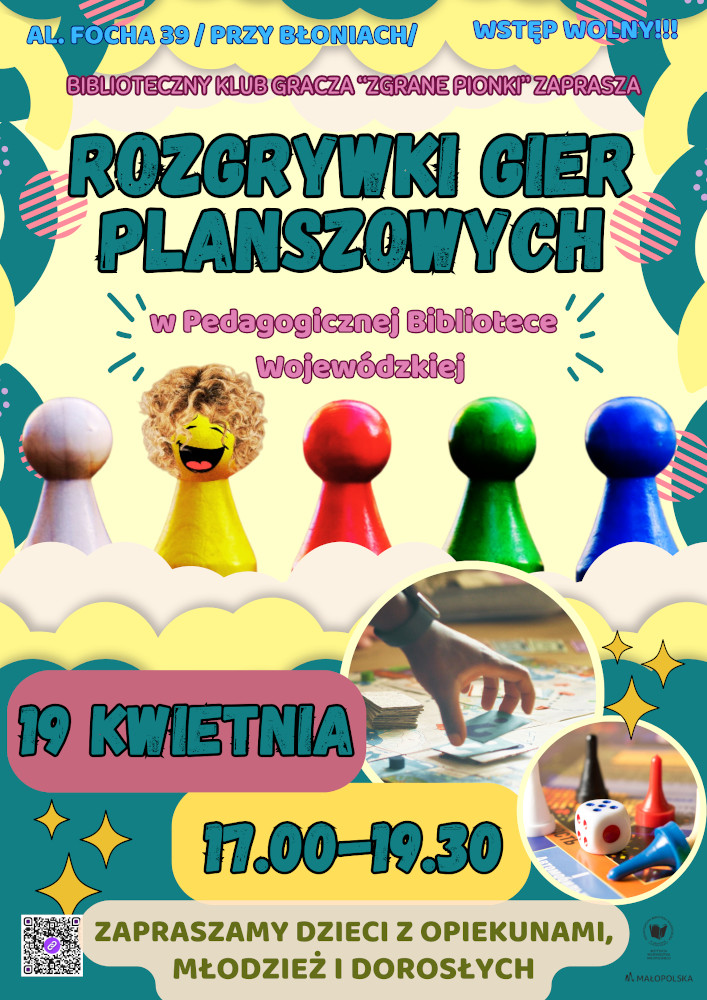 Plakat zapraszający na rozgrywki gier planszowych w PBW w Krakowie w dniu 19 kwietnia 2024 roku od godziny 17.00 do 19.30.