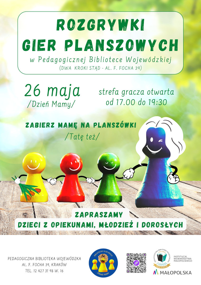 Plakat zapraszający na rozgrywki gier planszowych w PBW w Krakowie w dniu 26 maja 2023 od godziny 17.00 do 19.30