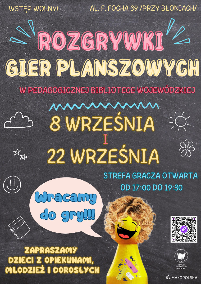 Plakat zapraszający na rozgrywki gier planszowych w PBW w Krakowie w dniach 8 i 22 września 2023 roku (piątki) od godziny 17.00 do 19.30