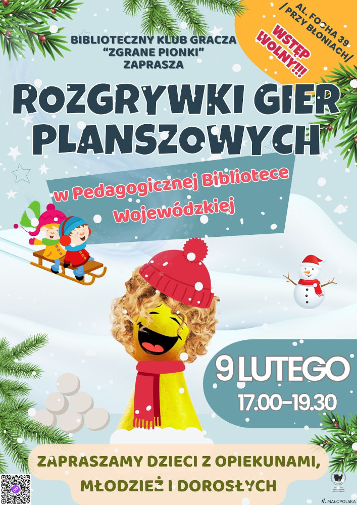 Plakat zapraszający na rozgrywki gier planszowych w PBW w Krakowie w dniu 9 lutego 2024 roku od godziny 17.00 do 19.30.